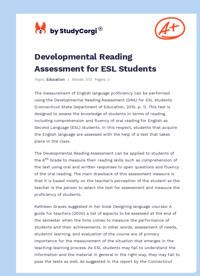 Developmental Reading Assessment for ESL Students. Page 1
