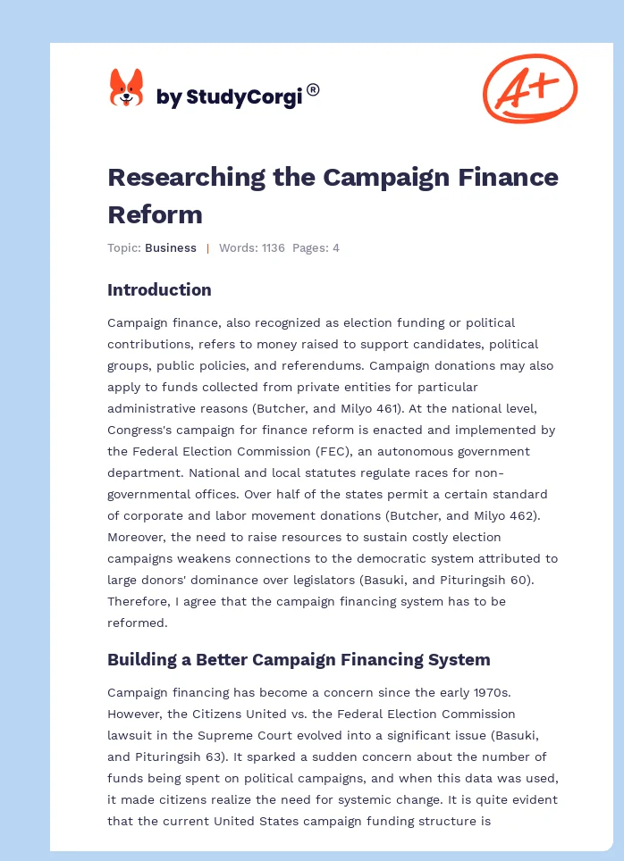 Researching the Campaign Finance Reform. Page 1