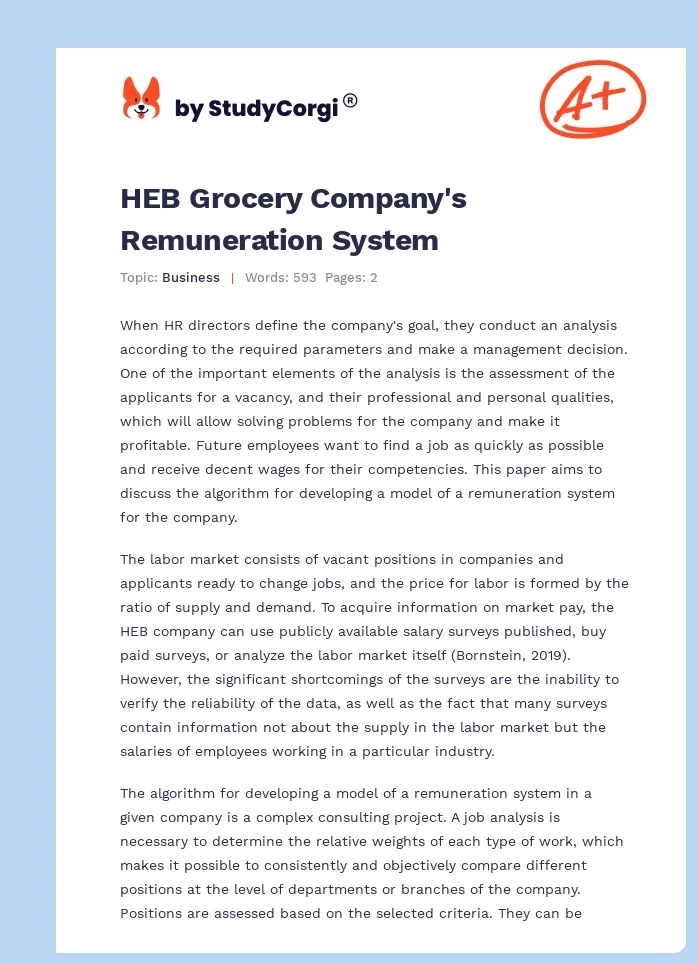 HEB Grocery Company's Remuneration System. Page 1