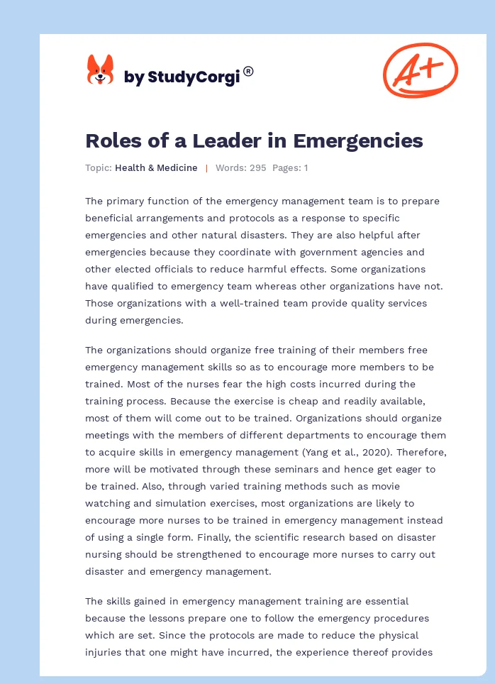 Roles of a Leader in Emergencies. Page 1