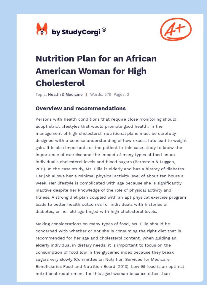 Nutrition Plan for an African American Woman for High Cholesterol. Page 1