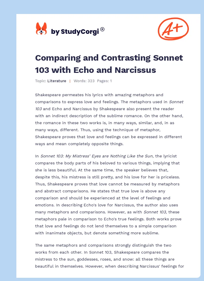 Comparing and Contrasting Sonnet 103 with Echo and Narcissus. Page 1