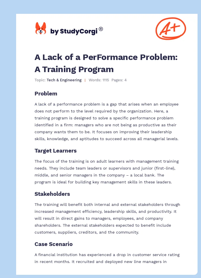 A Lack of a PerFormance Problem: A Training Program. Page 1