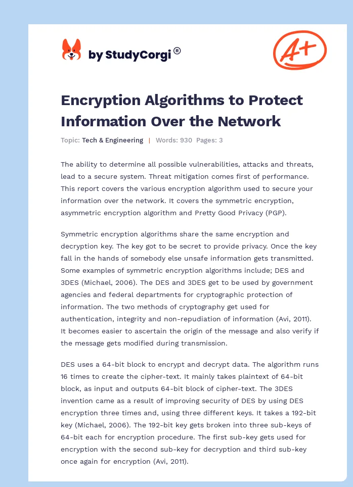 Encryption Algorithms to Protect Information Over the Network. Page 1