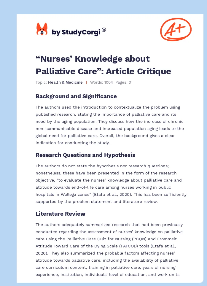 “Nurses’ Knowledge about Palliative Care”: Article Critique. Page 1