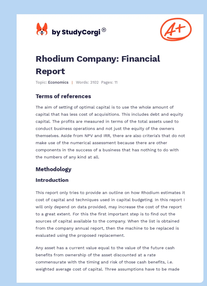 Rhodium Company: Financial Report. Page 1