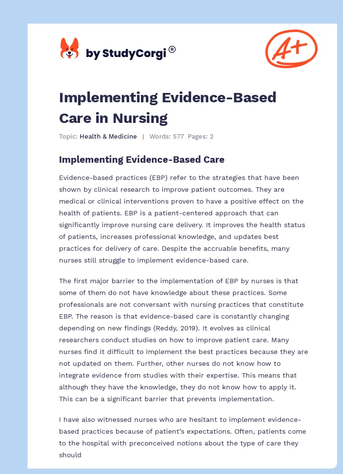 Implementing Evidence-Based Care in Nursing. Page 1