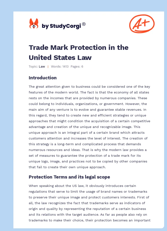 Trade Mark Protection in the United States Law. Page 1