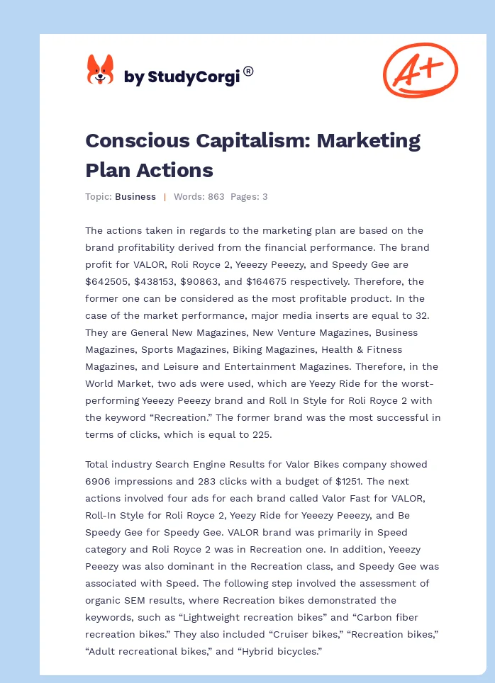 Conscious Capitalism: Marketing Plan Actions. Page 1