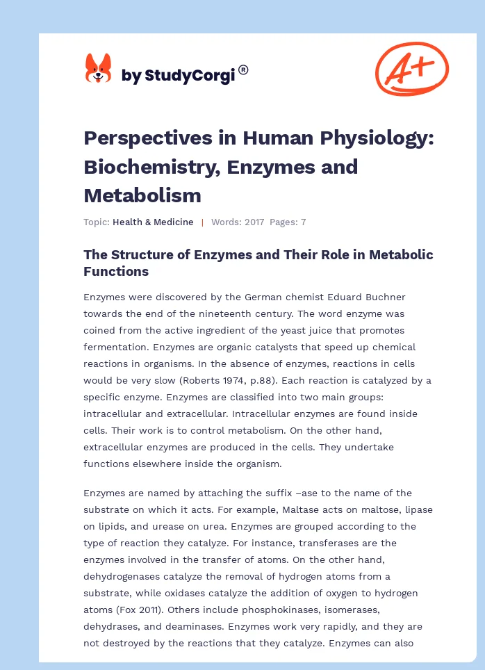 Perspectives in Human Physiology: Biochemistry, Enzymes and Metabolism. Page 1