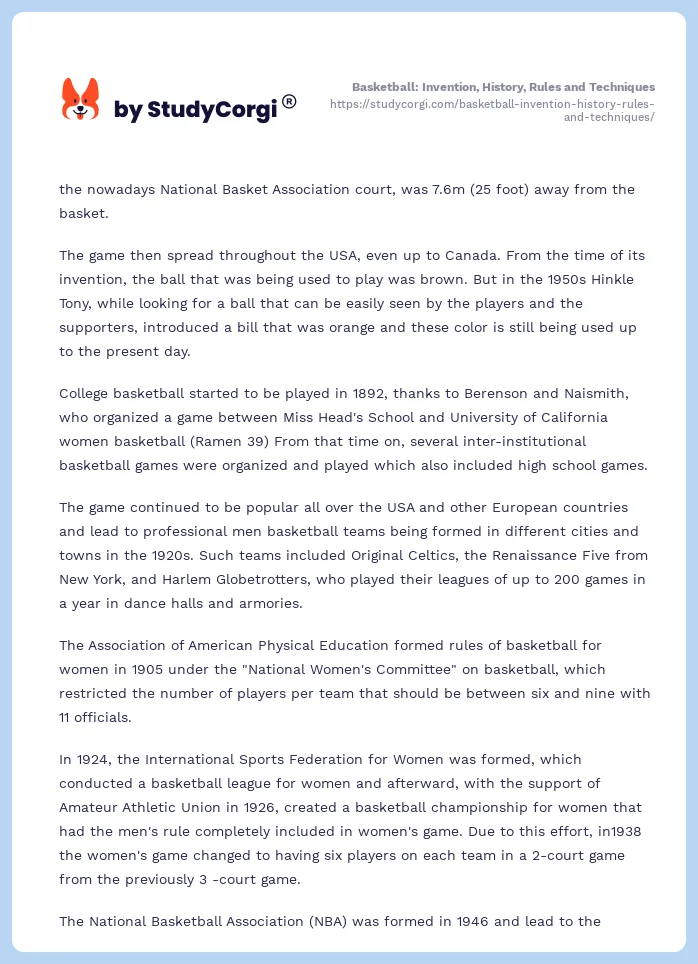 Basketball: Invention, History, Rules and Techniques. Page 2