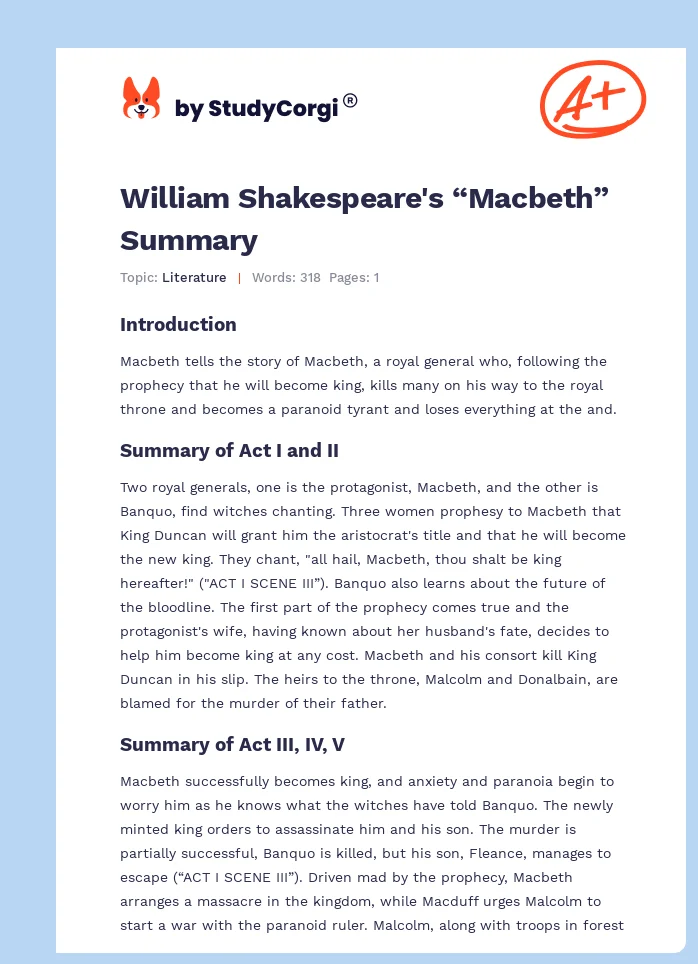 William Shakespeare's “Macbeth” Summary. Page 1