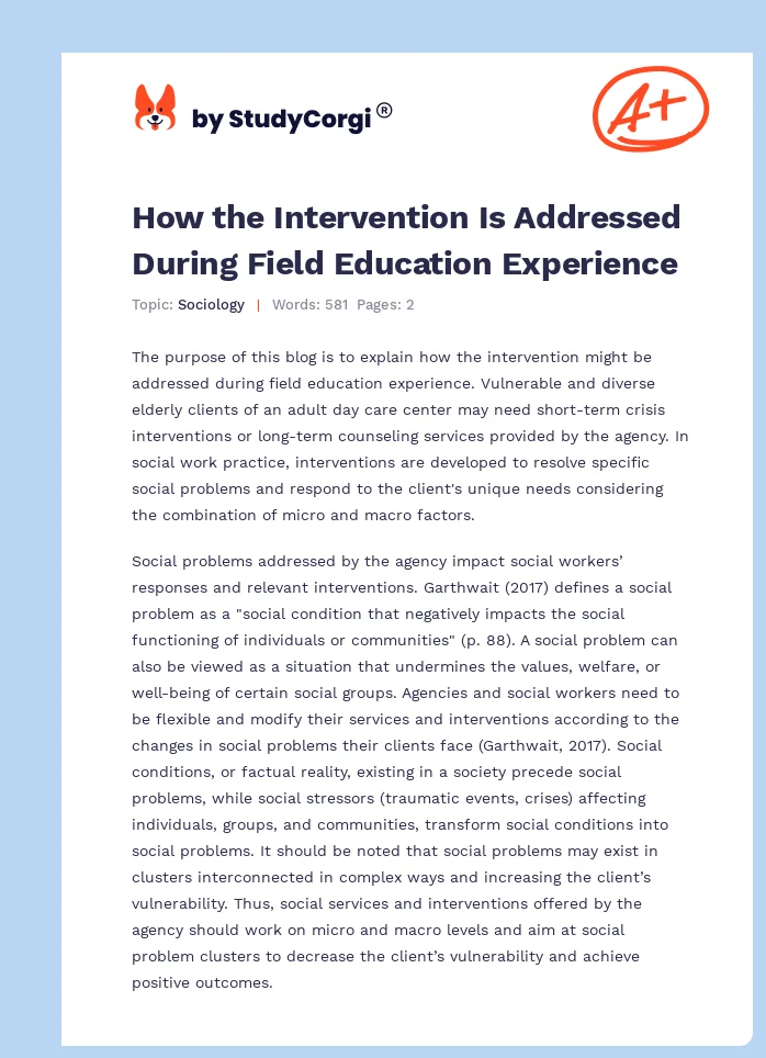 How the Intervention Is Addressed During Field Education Experience. Page 1