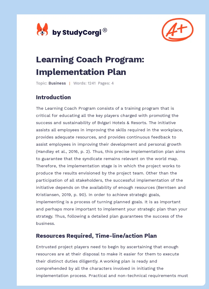 Learning Coach Program: Implementation Plan. Page 1