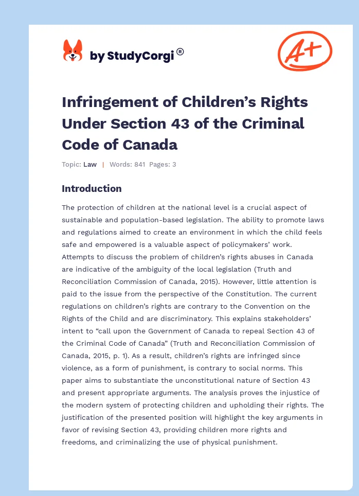 Infringement of Children’s Rights Under Section 43 of the Criminal Code of Canada. Page 1