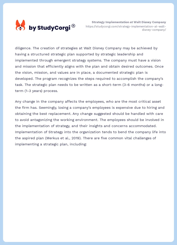 Strategy Implementation at Walt Disney Company. Page 2