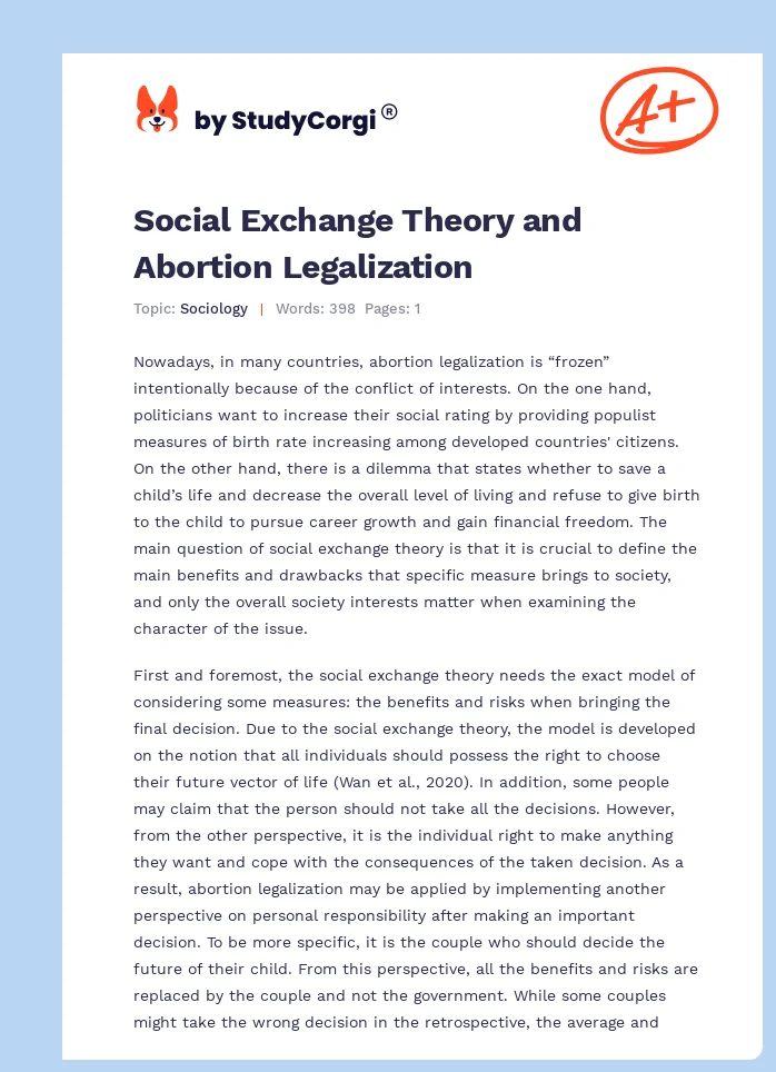 Social Exchange Theory and Abortion Legalization. Page 1