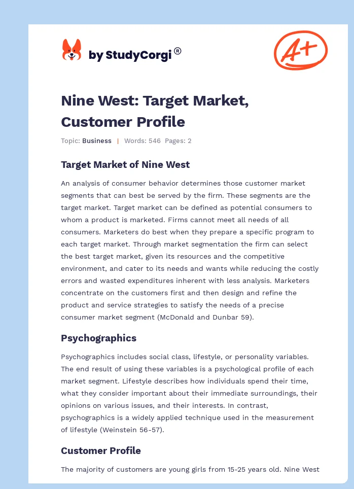 Nine West: Target Market, Customer Profile. Page 1
