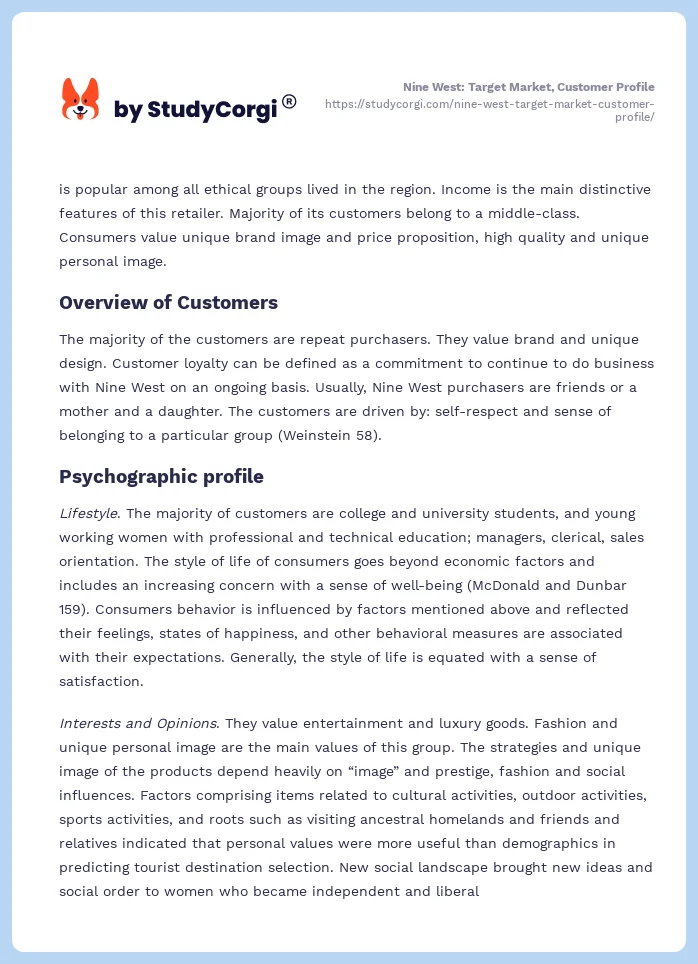 Nine West: Target Market, Customer Profile. Page 2