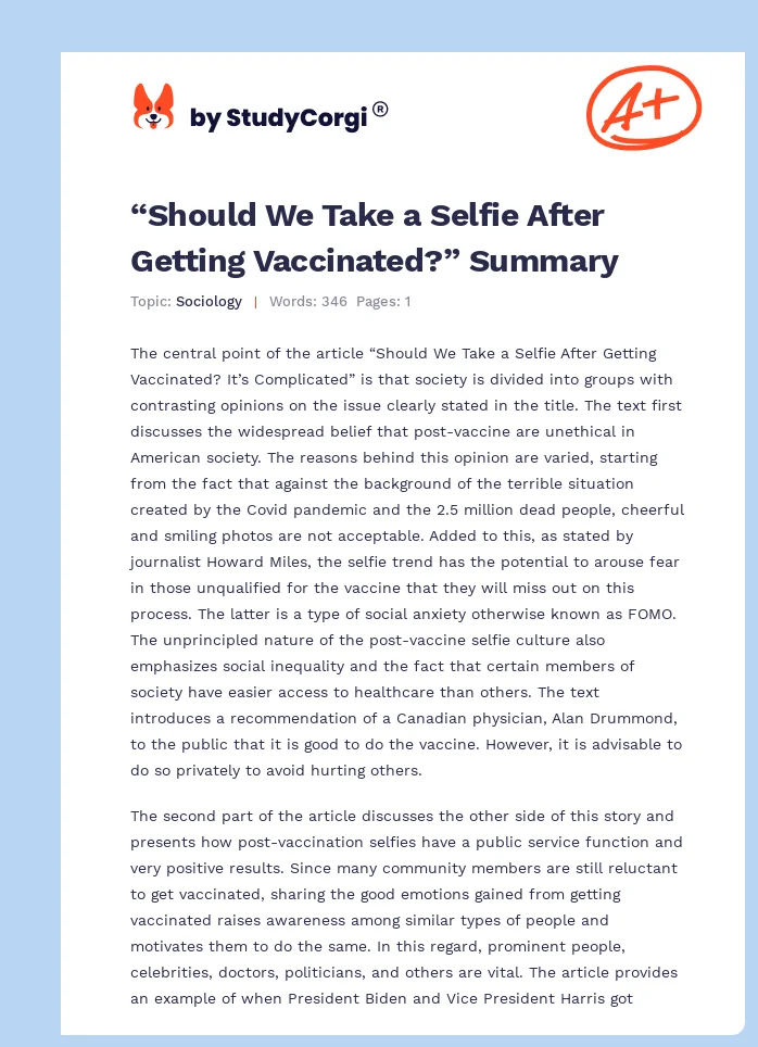 “Should We Take a Selfie After Getting Vaccinated?” Summary. Page 1