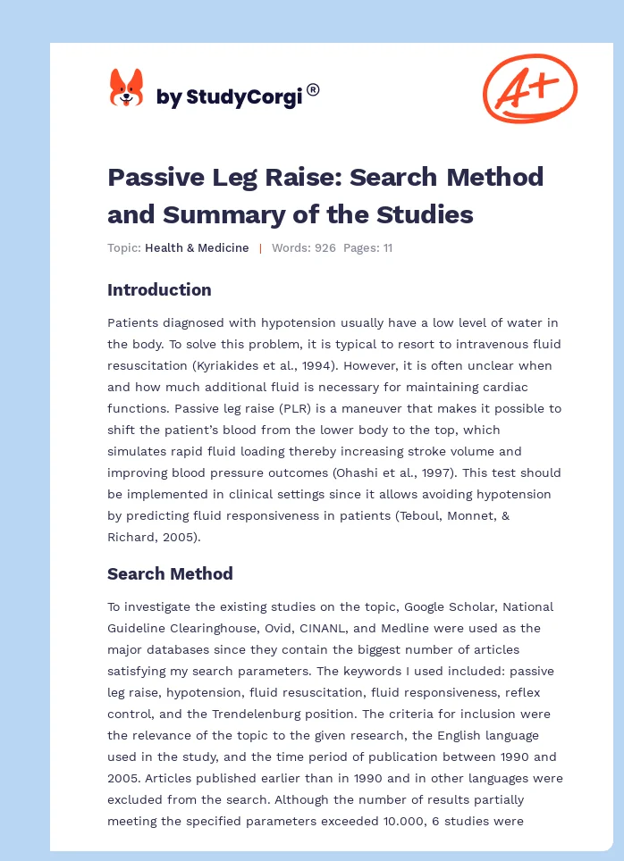 Passive Leg Raise: Search Method and Summary of the Studies. Page 1