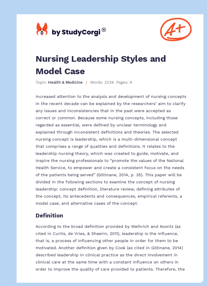 Nursing Leadership Styles and Model Case. Page 1