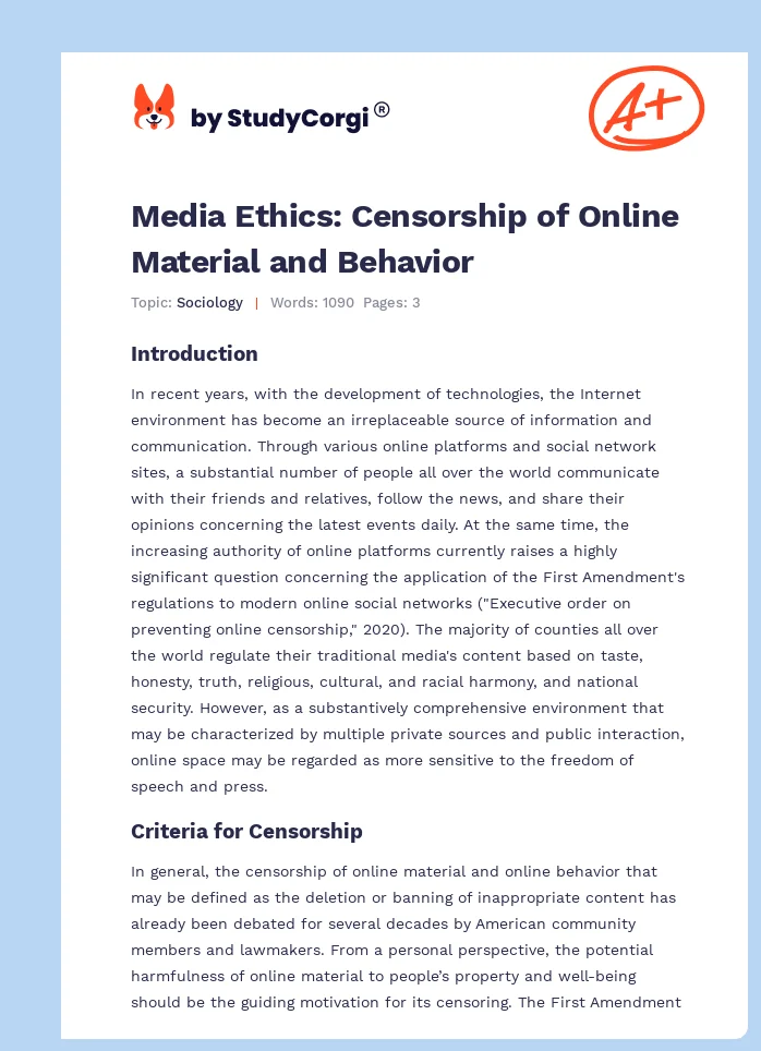 Media Ethics: Censorship of Online Material and Behavior. Page 1