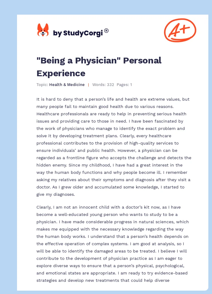 "Being a Physician" Personal Experience. Page 1