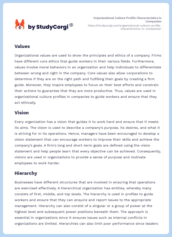 Organizational Culture Profile Characteristics in Companies. Page 2