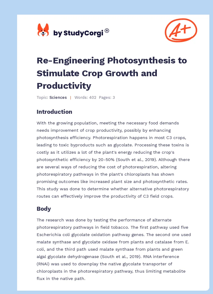 Re-Engineering Photosynthesis to Stimulate Crop Growth and Productivity. Page 1