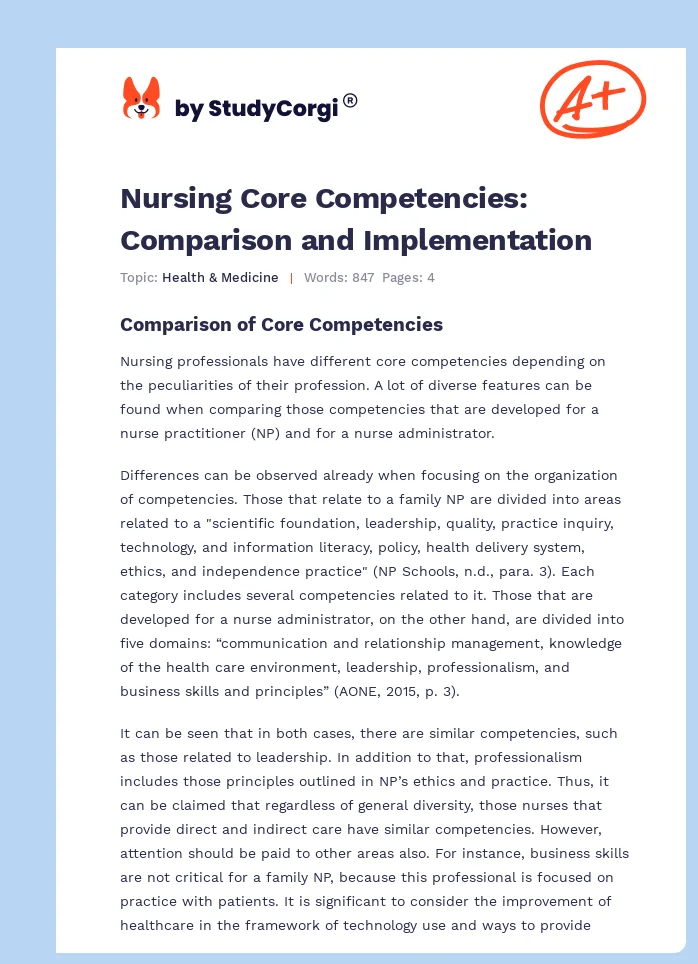 Nursing Core Competencies: Comparison and Implementation. Page 1