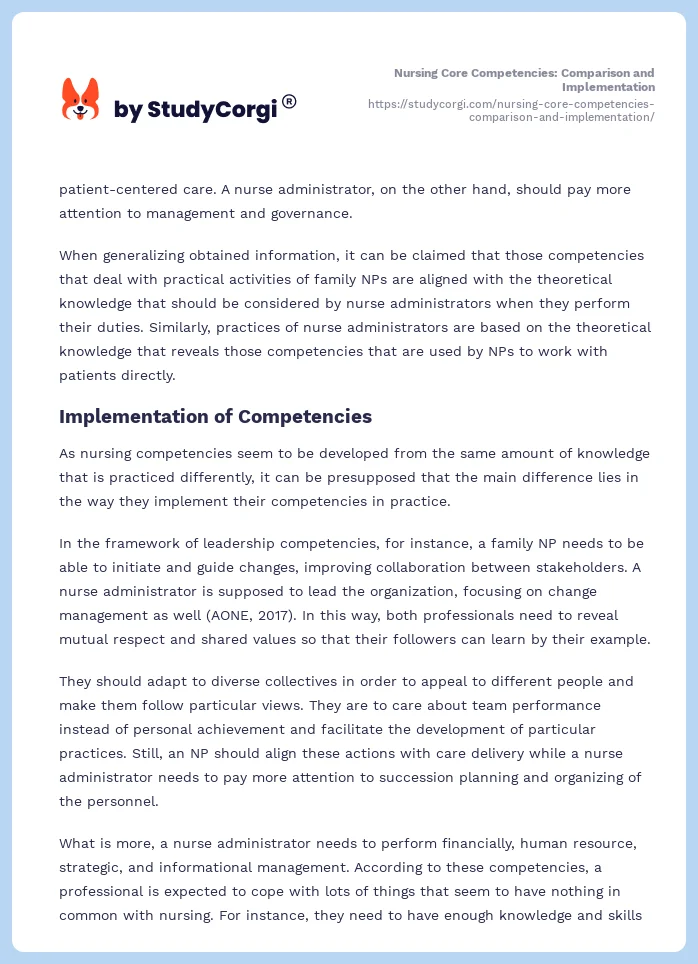 Nursing Core Competencies: Comparison and Implementation. Page 2