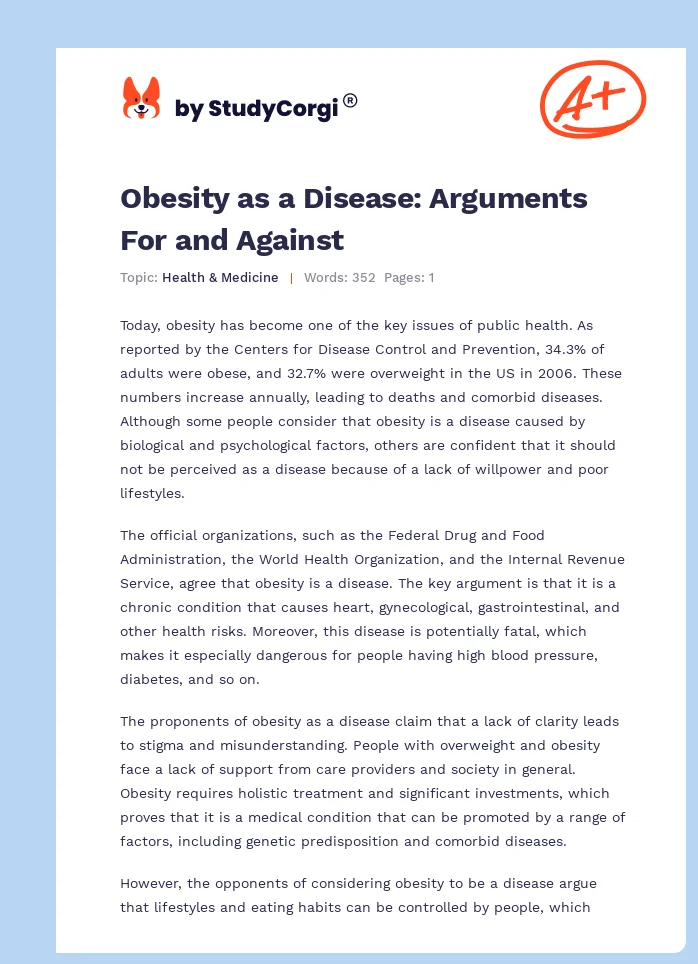 Obesity as a Disease: Arguments For and Against. Page 1