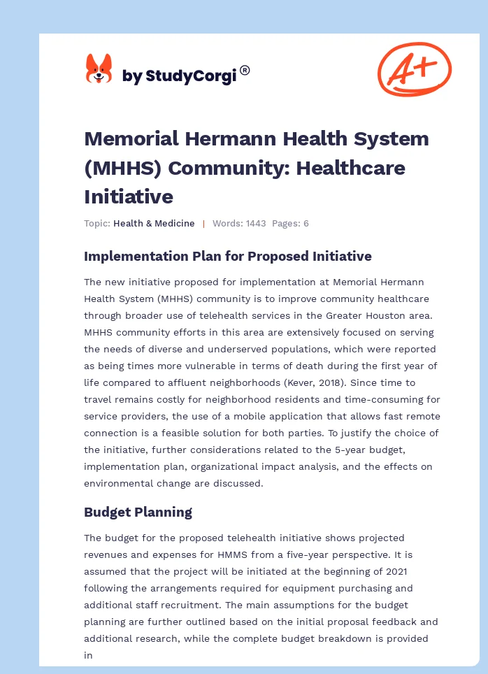 Memorial Hermann Health System (MHHS) Community: Healthcare Initiative. Page 1