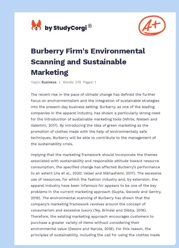 Burberry Firm's Environmental Scanning and Sustainable Marketing. Page 1