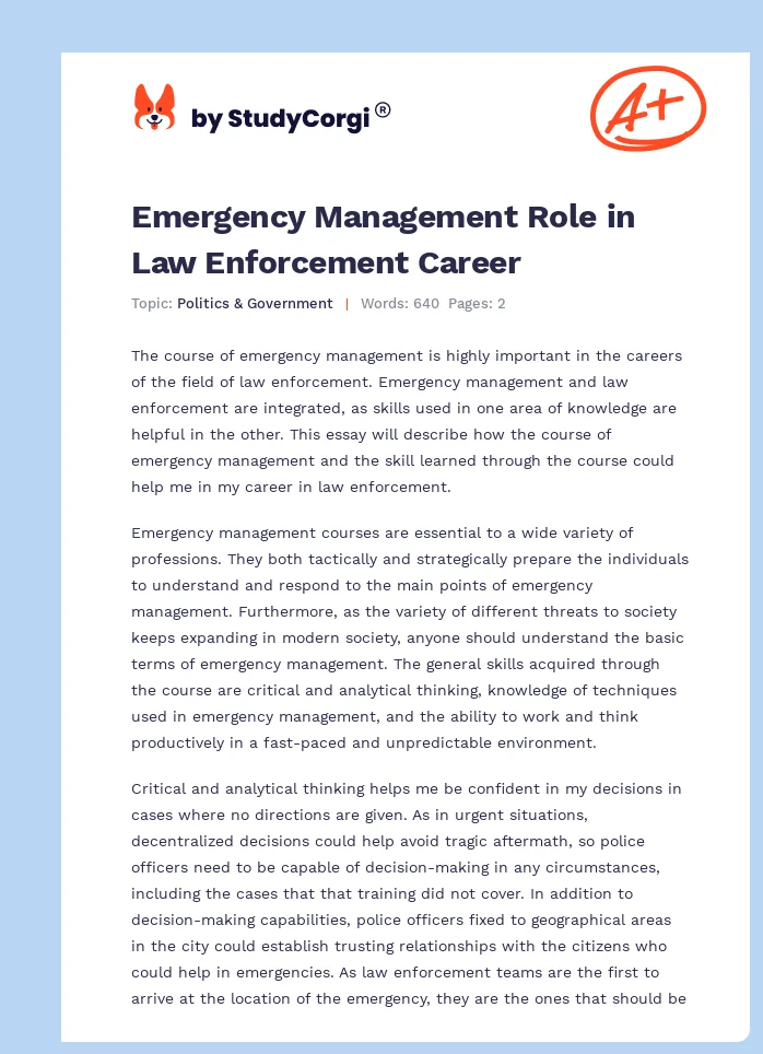 Emergency Management Role in Law Enforcement Career. Page 1