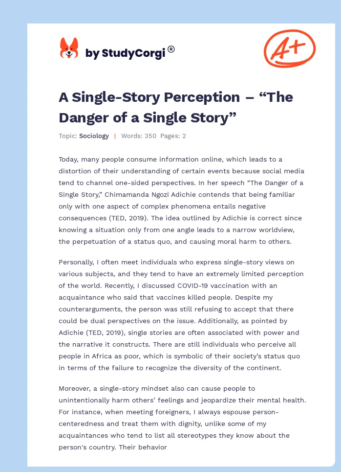 A Single-Story Perception – “The Danger of a Single Story”. Page 1