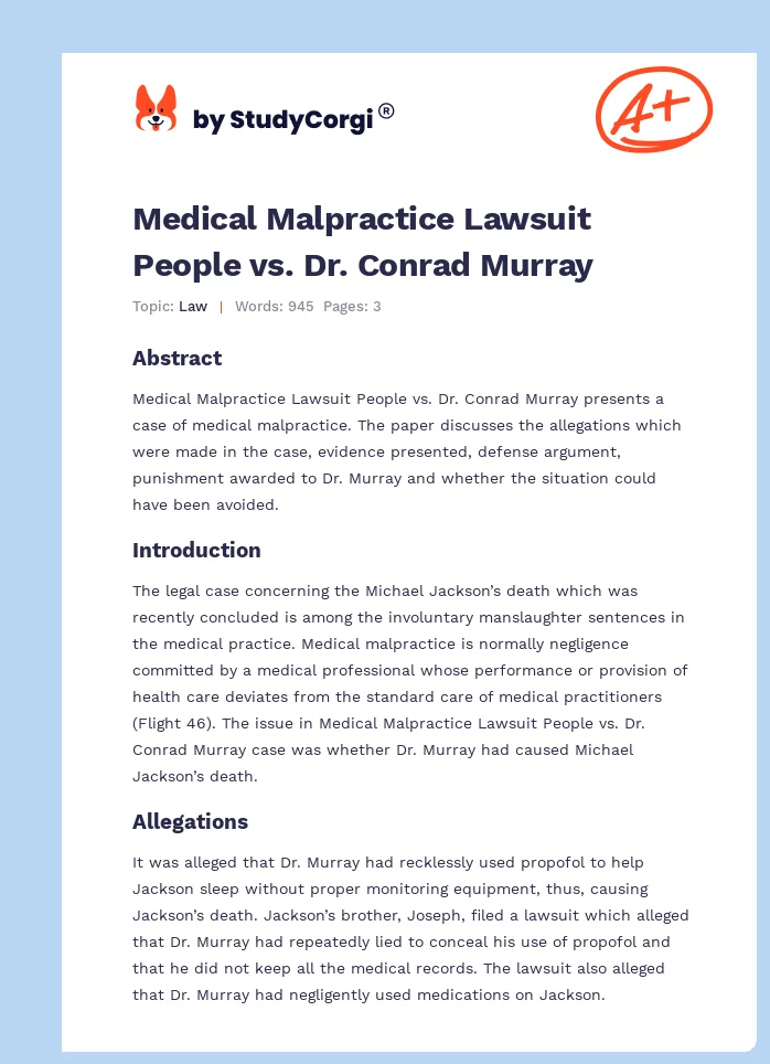 Medical Malpractice Lawsuit People vs. Dr. Conrad Murray. Page 1
