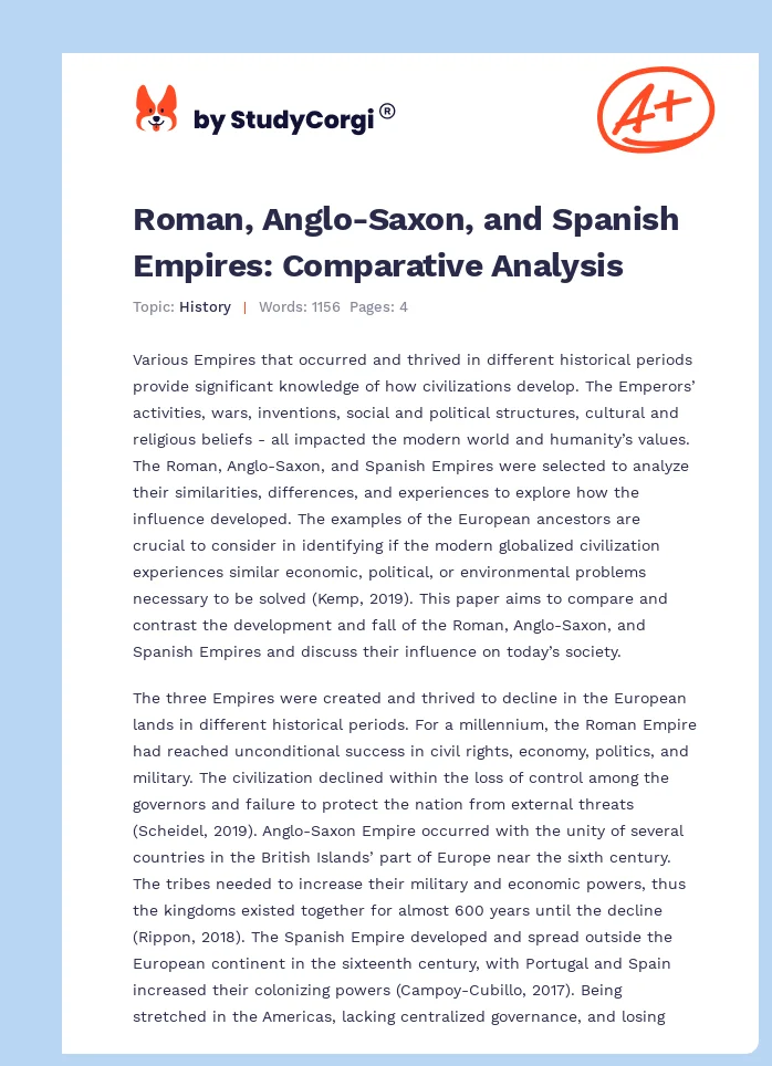 Roman, Anglo-Saxon, and Spanish Empires: Comparative Analysis. Page 1