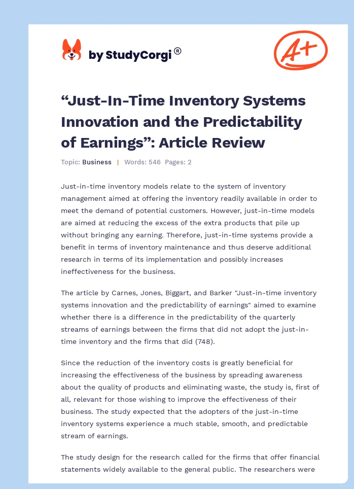 “Just-In-Time Inventory Systems Innovation and the Predictability of Earnings”: Article Review. Page 1
