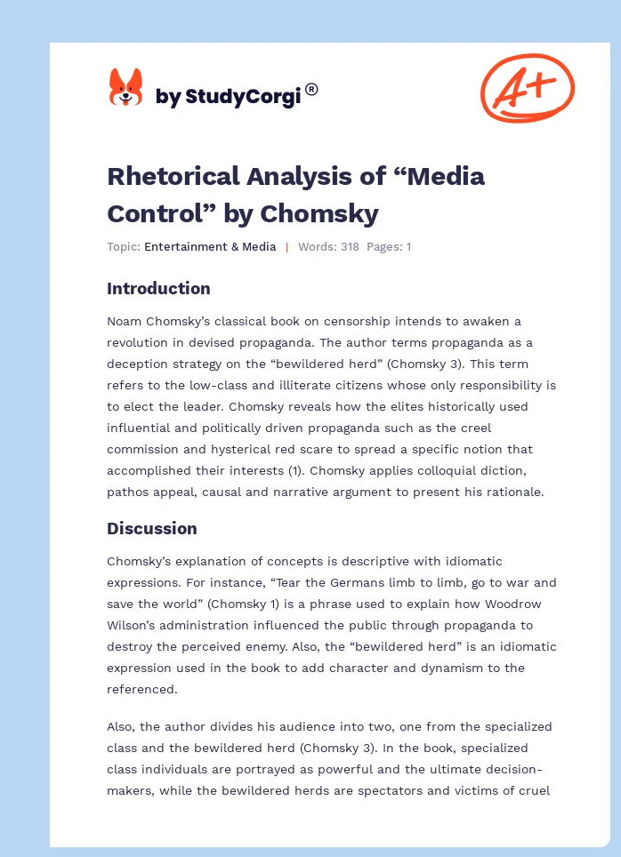 Rhetorical Analysis of “Media Control” by Chomsky. Page 1