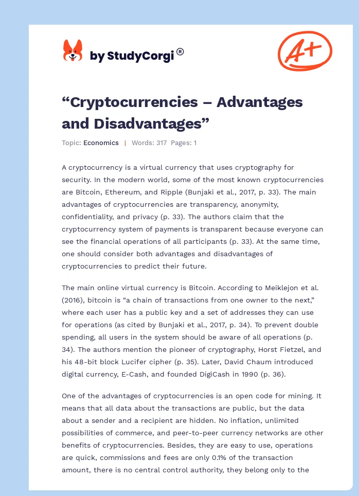 “Cryptocurrencies – Advantages and Disadvantages”. Page 1