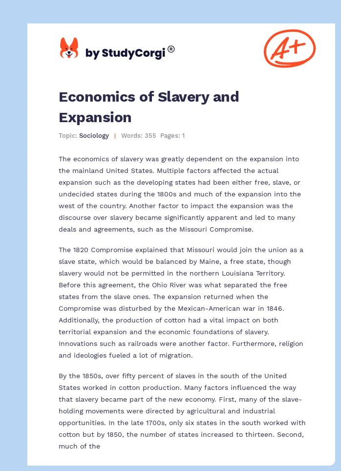 Economics of Slavery and Expansion. Page 1