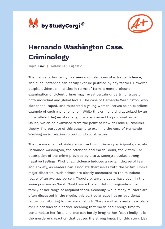 Hernando Washington Case. Criminology. Page 1