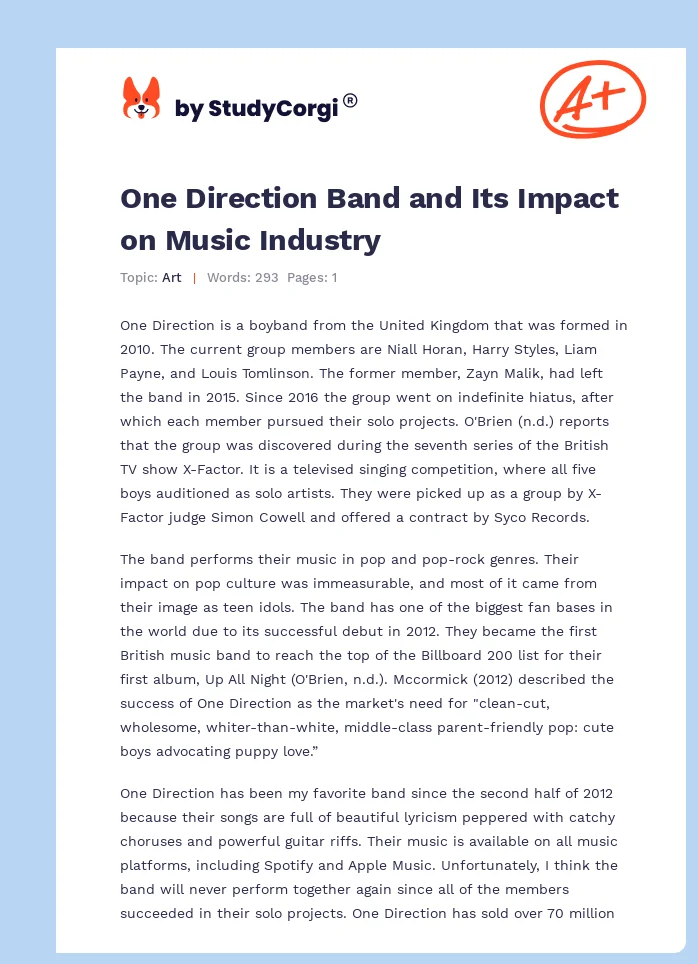 One Direction Band and Its Impact on Music Industry. Page 1