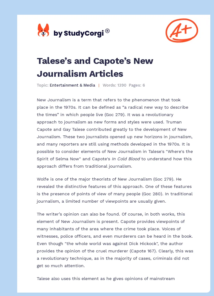 Talese’s and Capote’s New Journalism Articles. Page 1