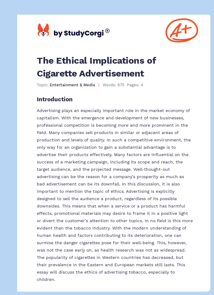 The Ethical Implications of Cigarette Advertisement. Page 1