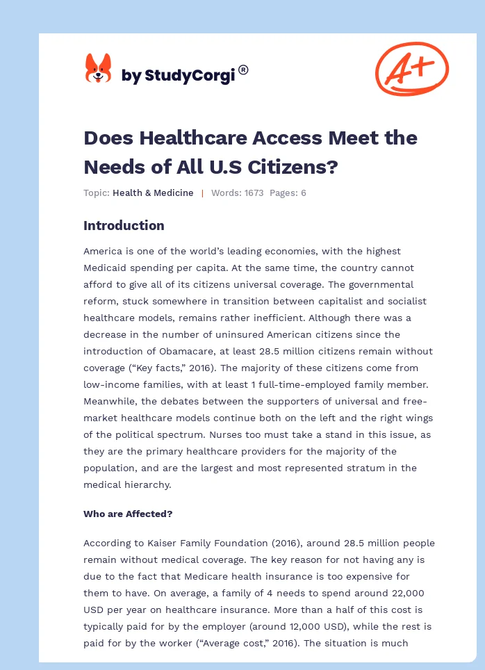 Does Healthcare Access Meet the Needs of All U.S Citizens?. Page 1