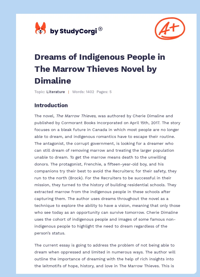 Dreams of Indigenous People in The Marrow Thieves Novel by Dimaline. Page 1