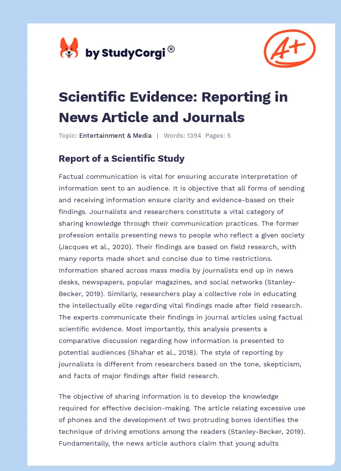 Scientific Evidence: Reporting in News Article and Journals. Page 1